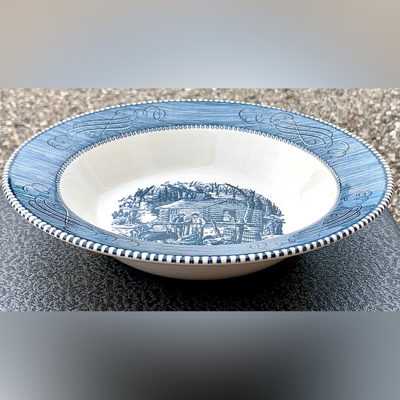 Royal China CURRIER & IVES Blue Scroll MAPLE SUGARING Rimmmed 9” Vegetable Bowl - Picture 5 of 16